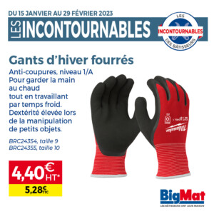 Cette image représente une paire de gants fourrées en promotion chez BigMat Camozzi du 15 janvier au 29 février 2024. 