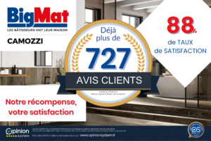 BigMat Camozzi, une entreprise qui totalise en 11 mois 727 avis clients certifiés qui nous attribuent 87% de satisfaction soit une note de 4.5 sur 5. Institut de certification : Opinion System.