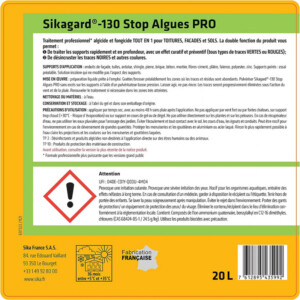 En vente chez BigMat Camozzi au prix de 37.80€ TTC le bidon de 20 litres, Sikagard®-130 Stop Algues PRO est un traitement professionnel algicide et fongicide TOUT EN 1 pour TOITURES, FACADES et SOLS