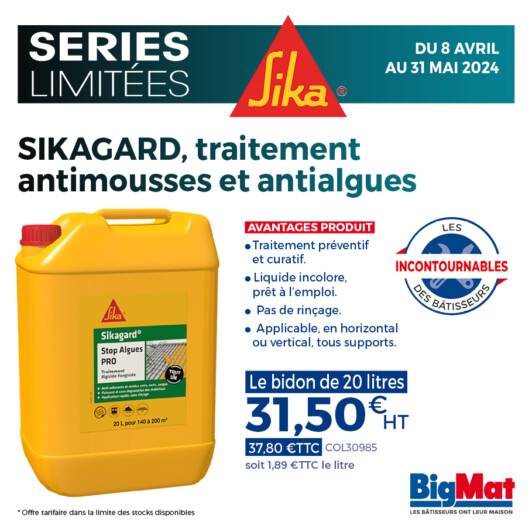 Promotion sur SIKAGARD, produit antimousses et antialgues.