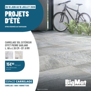 Promotion sur le carrelage extérieur et intérieur, sur le sanitaire, les meubles de bain, la robinetterie et la solution DITRA HEAT E chez BigMat du 10 juin au 18 juillet 2026 à Auch, Montauban, Nérac et Toulouse