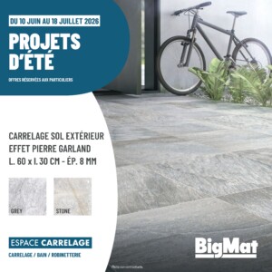 Promotion sur le carrelage extérieur et intérieur, les meubles de bain, les sanitaires chez BigMat du 10 juin au 18 juillet 2026 à Auch, Montauban, Nérac et Toulouse