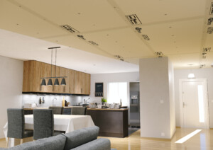 Visuel d'ambiance 3D écorché plaque d'un salon séjour cuisine mettant en avant les grandes surfaces de plafond, avec les plaques 4 bords amincis de la plaque 4Pro®