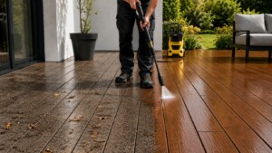 Homme qui entretient ses lames de terrasse au karcher
