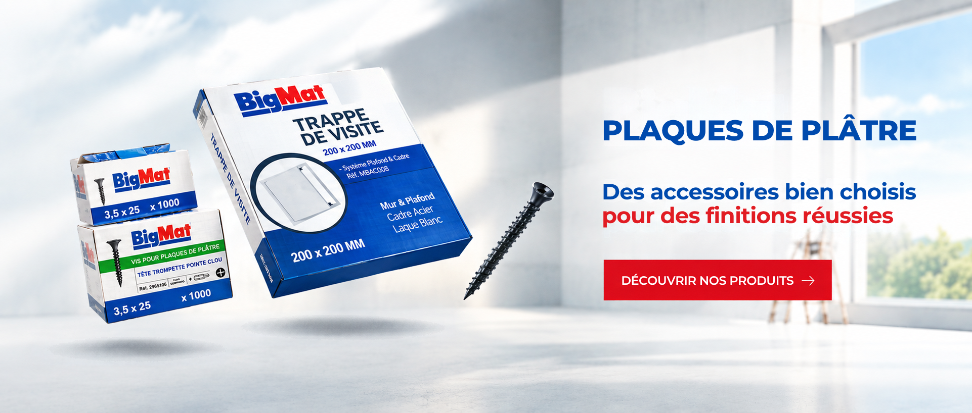 Accessoire marque BIGMAT pour plaque de platre : trappe de visite + vis pour plaque de platre
